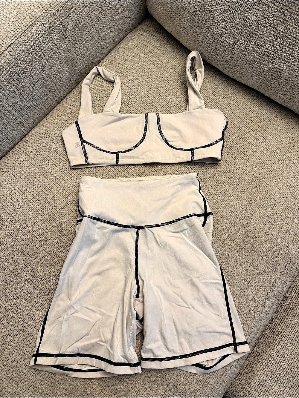 WEWOREWHAT Contrast Stitch Sports Bra and Biker Short Set White Bikini Set Size
